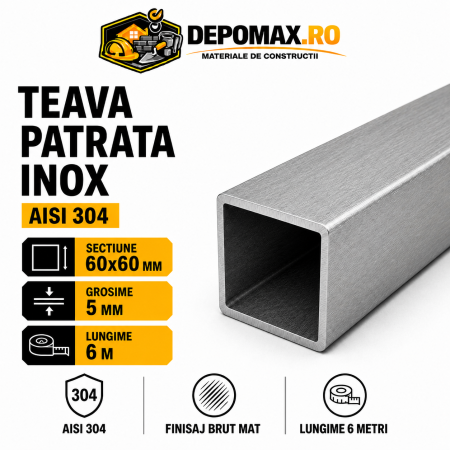 Teava patrata inox AISI 304, 60 x 60 x 5 mm, 6 metri
